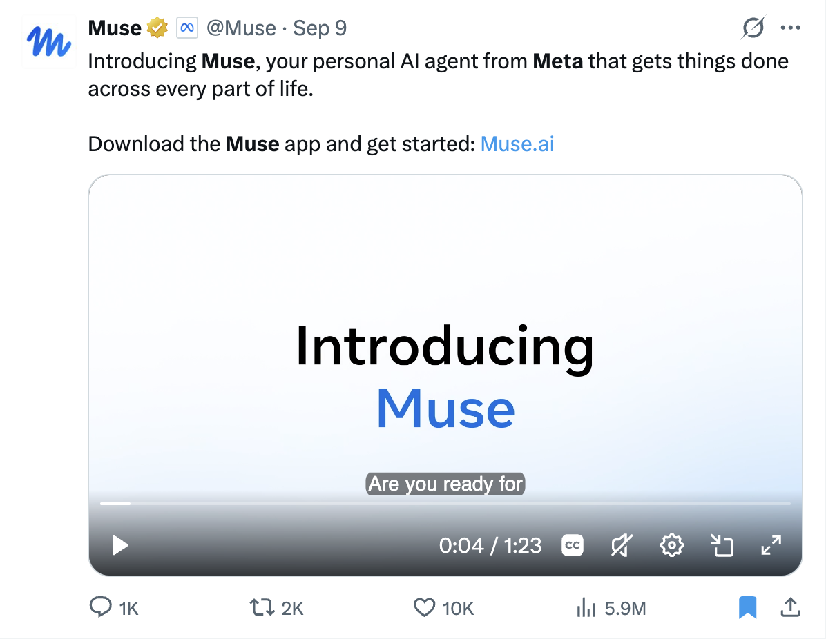 Muse's post on X: "Introducing Muse, your personal AI agent from Meta that gets things done across every part of life."