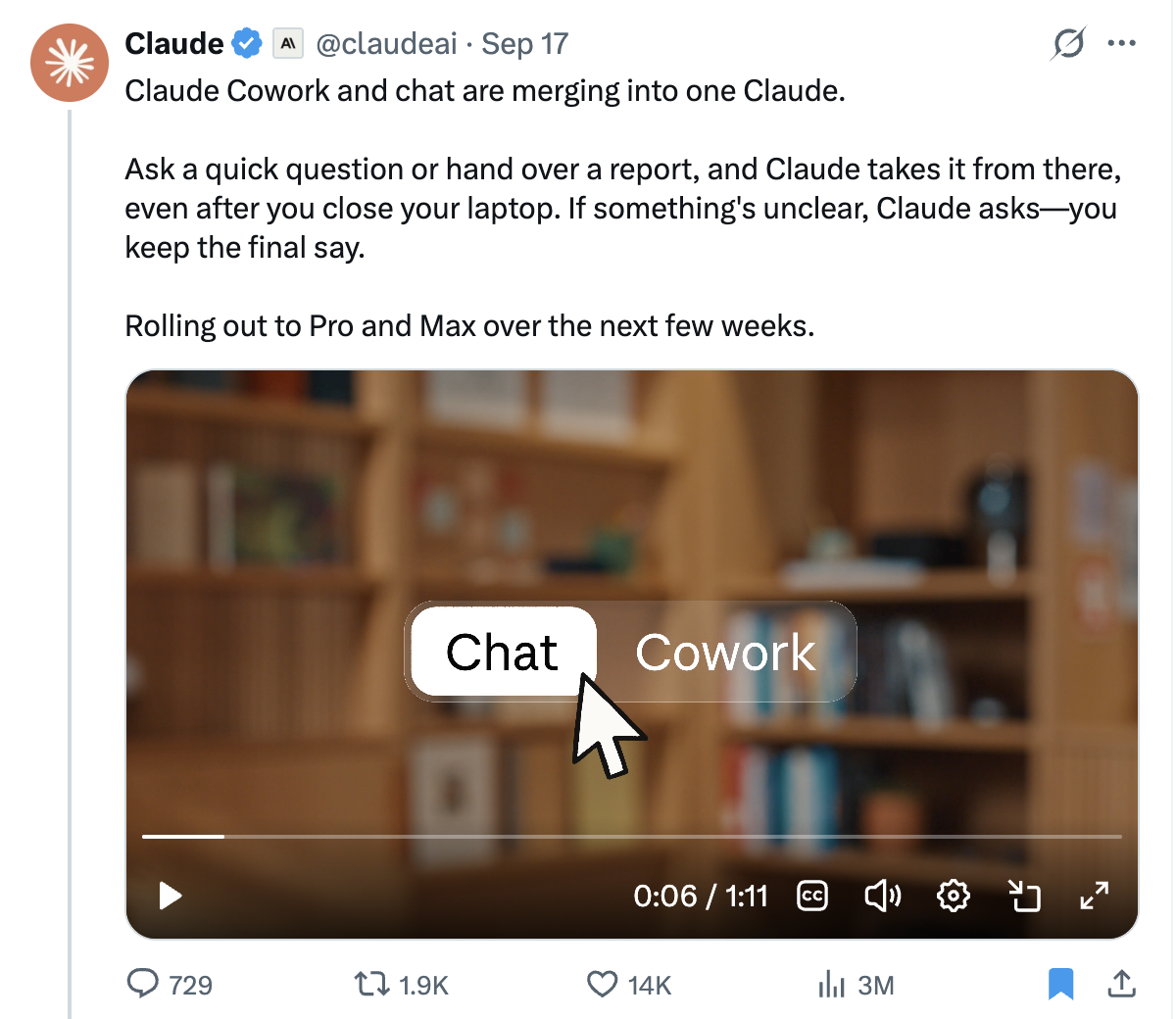 Claude's post on X: "Claude Cowork and chat are merging into one Claude. Ask a quick question or hand over a report, and Claude takes it from there, even after you close your laptop."