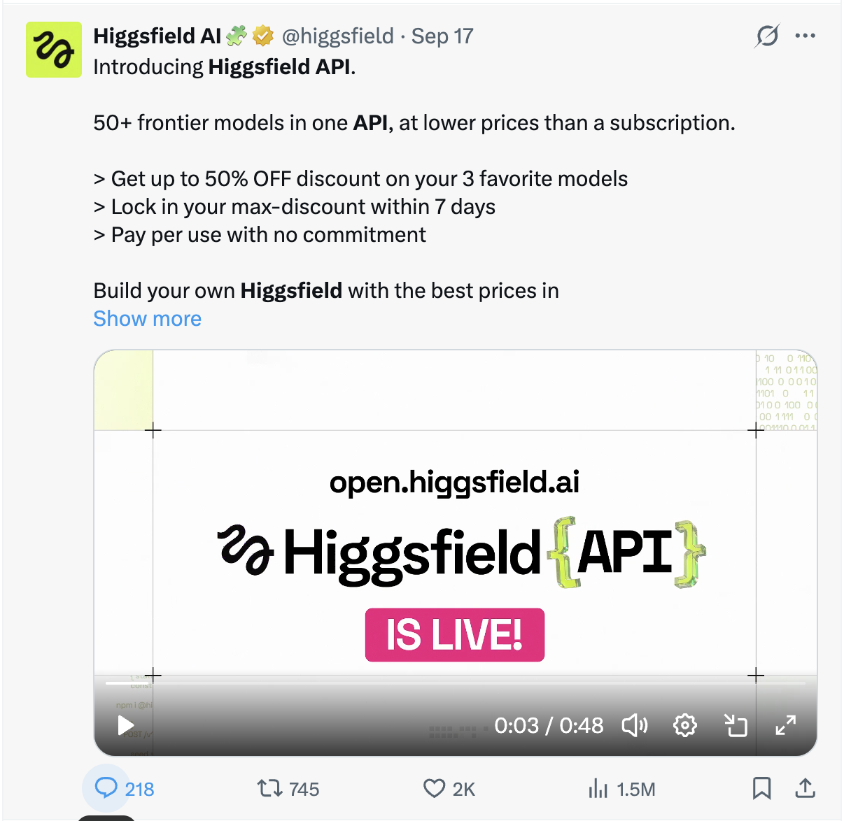 Higgsfield AI's post on X: "Introducing Higgsfield API. 50+ frontier models in one API, at lower prices than a subscription."