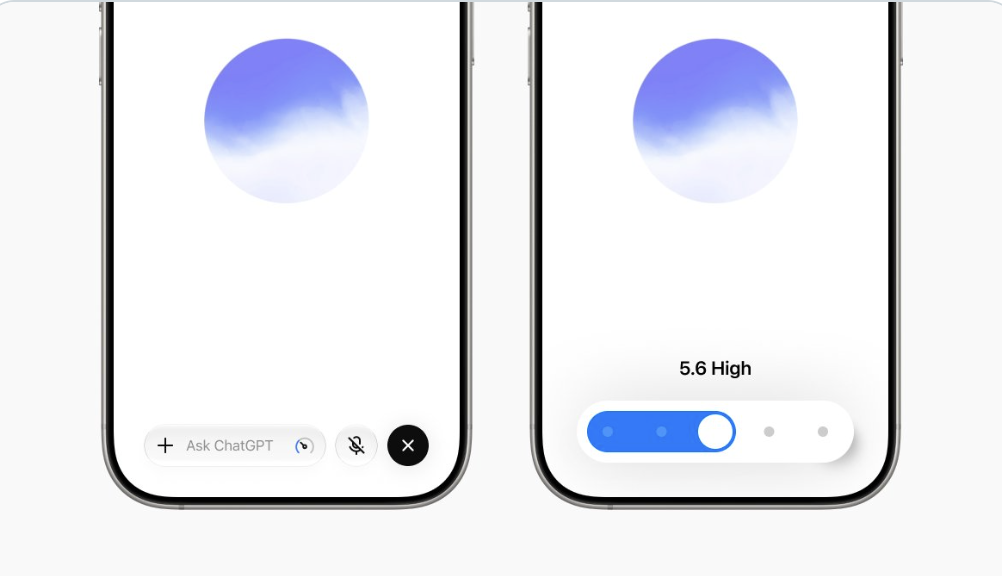 Two phones showing ChatGPT voice mode: a glowing blue orb, and a slider set to 5.6 High.