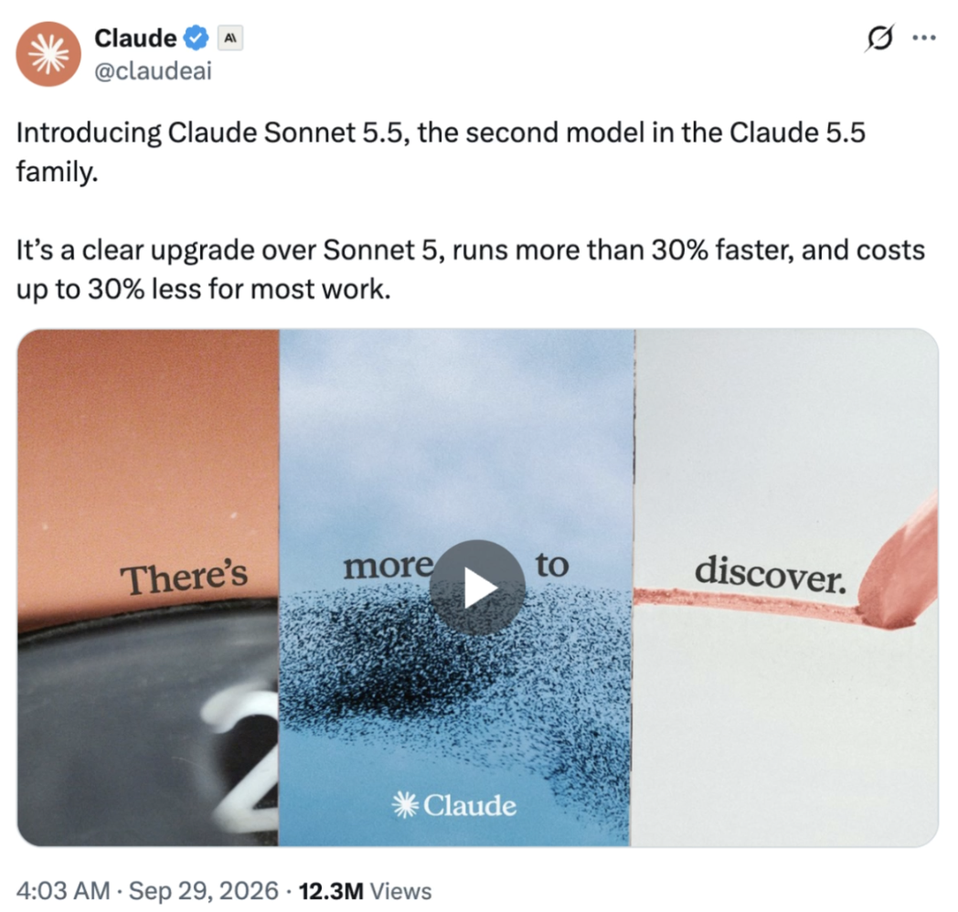 Claude's post on X: "Introducing Claude Sonnet 5.5, the second model in the Claude 5.5 family. It's a clear upgrade over Sonnet 5, runs more than 30% faster, and costs up to 30% less for most work."